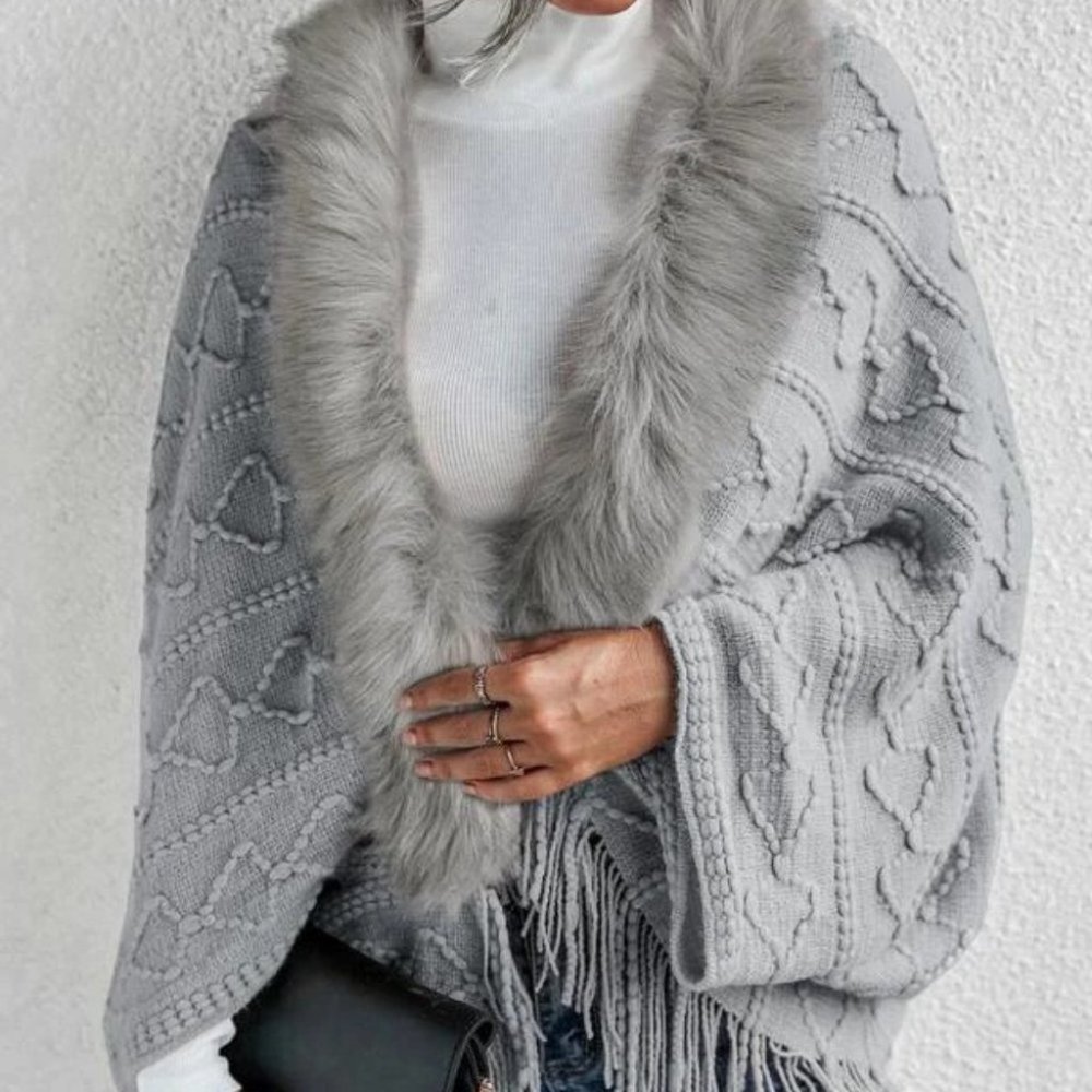 Gray Faux fur Trim Textured Knit  Open front Sweater Cardigan - Picture 8 of 9